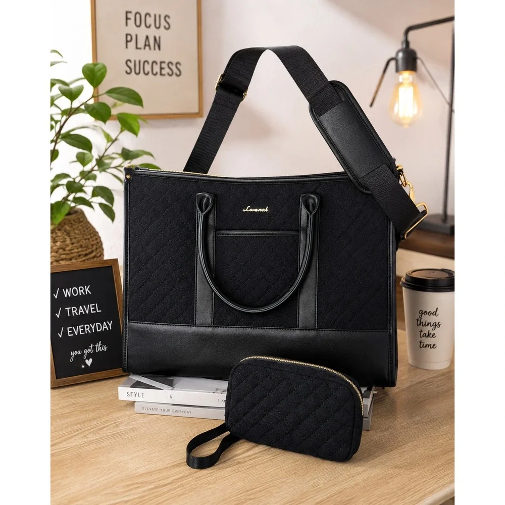 Lovevook Black Quilted Laptop Tote Bag Set Work Briefcase Travel Shoulder Bag